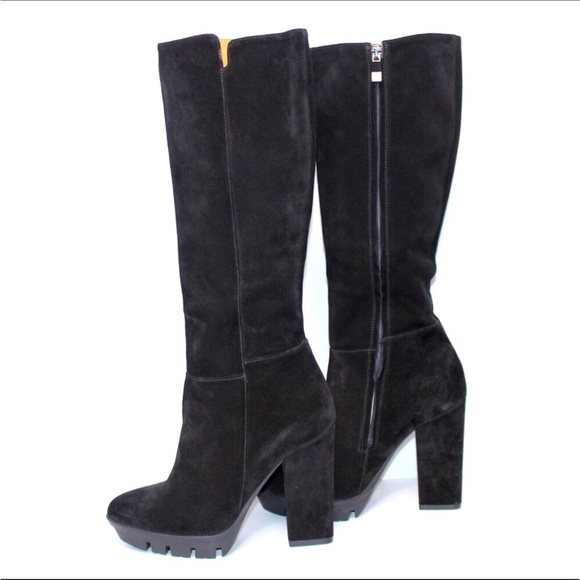 Alberto Fermani Black Suede Leather Knee-High Platform Heeled Boots Size 10 - Picture 5 of 15